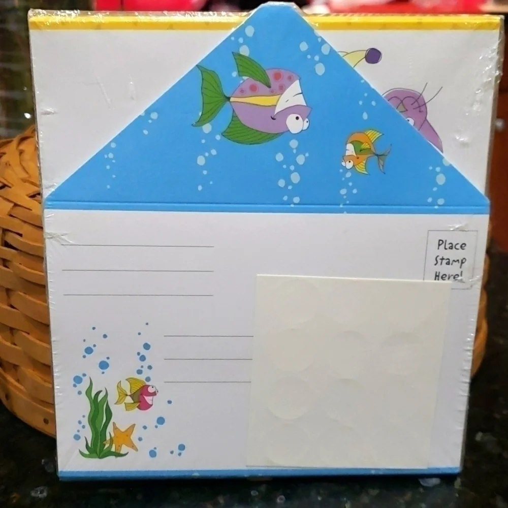 SALLY Foster Thank You Notes 12 Self Mailing Notecards Sticker Sheet Seals Fish